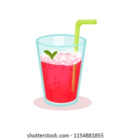Glass of fresh raspberry cocktail with drinking straw. Fruit beverage. Tasty summer drink. Flat vector for cafe or restaurant menu