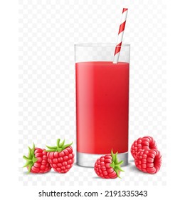 Glass of fresh raspberry juice with berries and striped straw for cocktails, isolated on transparent background. Smoothies of raspberry. Realistic 3d vector illustration for advertising your products 