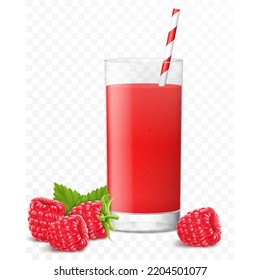 Glass of fresh raspberry juice with berries and striped straw for cocktails, isolated on transparent background. Smoothies of raspberry. Realistic 3d vector illustration for advertising your products