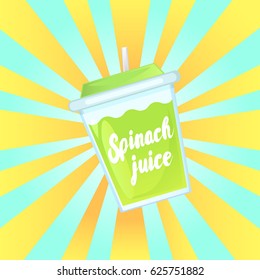 A glass of fresh spinach juice in a glass bowl with a straw. Advertising of the product. Vector illustration.
