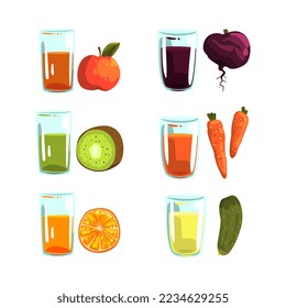 Glass of Fresh Squeezed Juice with Fruit and Vegetable Ingredient Rested Nearby Vector Set