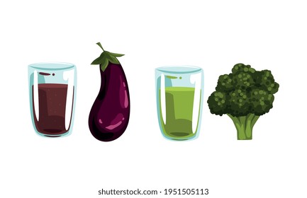 Glass of Fresh Squeezed Juice with Vegetable Ingredient Rested Nearby Vector Set