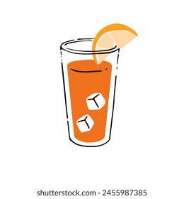 Glass of fresh squeezed orange juice with ice and slice of lemon. Natural refreshing citrus drink. Healthy cool beverage, source of vitamins. Flat isolated vector illustration on white background