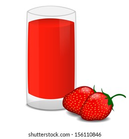 Glass of fresh strawberry juice and berry isolated on white 