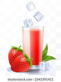 A glass of fresh strawberry juice or smoothie with ice cubes. Cup of cocktail or yogurt with ripe sweet strawberry, isolated on transparent background. Realistic 3d vector illustration