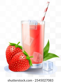 A glass of fresh strawberry juice or smoothie with ice cubes and straw. Cup of cocktail or yogurt with ripe sweet strawberry, isolated on transparent background. Realistic 3d vector illustration