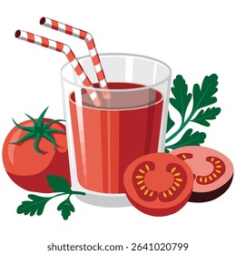 Glass of fresh tomato juice isolated vector illustration on white background