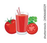 Glass of fresh tomato juice vector illustration. Healthy tomato juice drink icon vector isolated on a white background. Tomato juice in a glass with a straw drawing