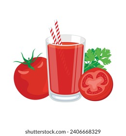 Glass of fresh tomato juice vector illustration. Healthy tomato juice drink icon vector isolated on a white background. Tomato juice in a glass with a straw drawing