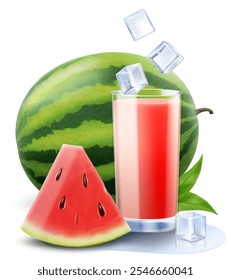 A glass of fresh watermelon juice or smoothie with ice cubes falling into the glass. Cup of cocktail or yogurt with watermelon, isolated on transparent background. Realistic 3d vector illustration