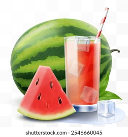 A glass of fresh watermelon juice or smoothie with straw. Cup of cocktail or yogurt with watermelon, isolated on transparent background. Realistic 3d vector illustration