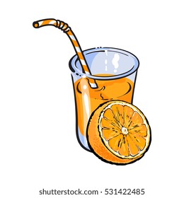 Glass of freshly squeezed juice with half of orange, sketch vector illustration isolated on white background. Hand drawing of orange and juice, design element for packaging and promo materials