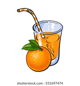 Glass of freshly squeezed juice with a whole orange, sketch vector illustration isolated on white background. Hand drawing of whole orange and juice, design element for packaging and promo materials