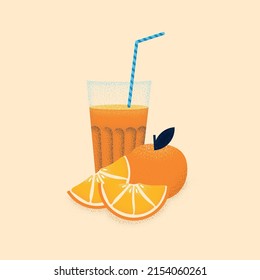 
Glass of freshly squeezed orange juice and blue straw, orange and orange slice