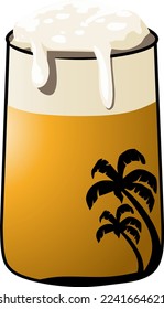 a glass of frothy beer with a silhouette of a palm tree