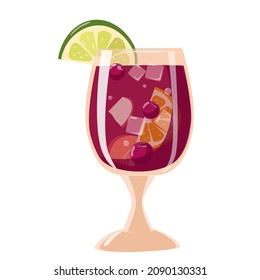 Vidrio con fruta y bebida con hielo, cereza y lima. Sangria es una bebida tradicional española. Ilustración del vector aislada en un fondo blanco