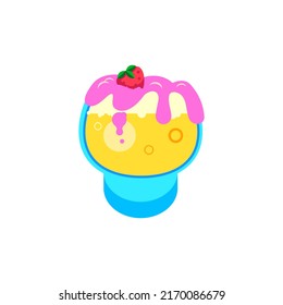 Glass with fruit cocktail, cream and strawberries. Icon in flat style. Isolate. Vector illustration.