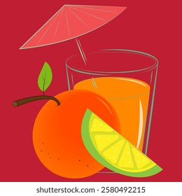 A glass of fruit cocktail with an orange and a slice of lemon or lime next to it. The image is made in red-orange colors with the addition of yellow and green.