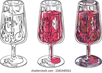 Glass with a fruit cocktail in a vector hand-drawn. Set of three variants of the glass, black and white line drawing, color, color drawing of the glass with the shadow