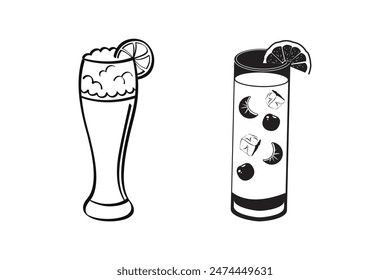 A glass of fruit drink with a lemon, orange black and white silhouette