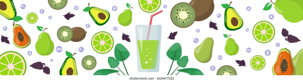 glass of fruit green smoothie with straws on narrow horizontal banner. Fruit background. Green diet. Apple, Avocado, Papaya, Kiwi, Pear, Spinach, Basil
