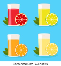 Glass of fruit juice from the citrus. A set of different flavors: grapefruit and orange, lime and lemon. Vector illustration. Drinks.