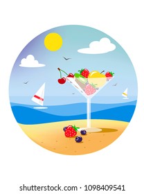 a glass of fruit on the beach with a view of the surfing