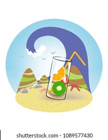 a glass of fruit in the sand on a background of mountains, waves and sky