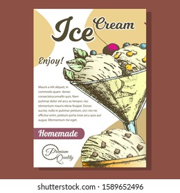 Glass With Fruit Scoop Ice Cream Banner Vector. Homemade Tasty Frozen Milk Dessert Ice Cream In Cup Decorated Cherry, Berries Mint Leaves And Cookies Concept. Designed Template Colorful Illustration
