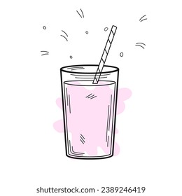 A glass of fruit and strawberry yoghurt with a straw. Organic homemade food. Vector illustration in hand drawn doodle style. Nutrition concept. Kitchen image. Illustration for a cookbook.