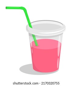 Glass with fruity berry drink with straw. Refreshing fruit drinks in hot summer. Cartoon vector isolated on white background