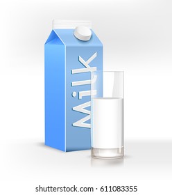 Glass full of milk and package for milk isolated on light background.

