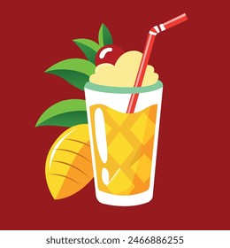 A glass full of refreshing pineapple juice with a cocktail straw, topped with pineapple fruit foam and a red tube, capturing the essence of a delicious pina colada.