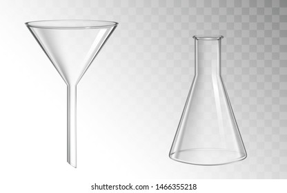 Glass funnel and flask, glassware for chemical laboratory isolated on transparent background, filtration and test medical science lab, chemistry equipment. Realistic 3d vector illustration, clip art