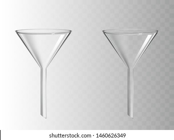 Glass funnel, glassware for chemical laboratory isolated on transparent background, filter instrument for liquids filtration, medical science lab equipment. Realistic 3d vector illustration, clip art