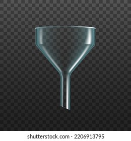 Embudo de vidrio, química transparente realista y filtro de laboratorio para matraz de vaso, vector aislado. Tubo de embudo de vidrio, vidrio de laboratorio químico o cono de cilindro de ensayo, equipo de laboratorio experimental