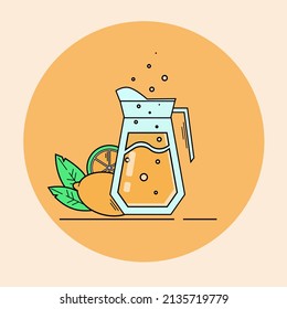 Glass, funny, bright, cartoon jug with juice and lemon with leaves vector Illustration isolated on a orange background
