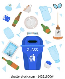 Glass Garbage. Broken Plate, Cup, Jar, Bottle, Mirror, Glasses, Vase, Perfume, Lamp. Cartoon Vector Illustration.