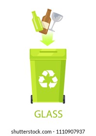 Glass garbage isolated on white vector poster, illustration of green trash bin with recycling logo, two bottle and broken wineglass throwing into can