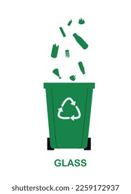 Glass garbage sorting. Green container for glass waste, bottles. Segregate and sorting of trash. Activism and volunteering, care for environment. Recycling and reuse. Cartoon flat vector illustration