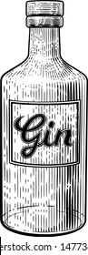 Glass Gin Drink Bottle In A Vintage Retro Woodcut Etching Or Engraved Style