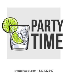 Glass Of Gin, Vodka, Soda Water With Ice And Lime, Sketch Style Vector Illustration Isolated On White Background. Realistic Hand Drawing Of Transparent Alcohol Shot With Ice Rocks And Lime Slices