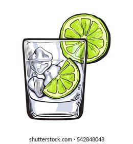 Glass of gin, vodka, soda water with ice and lime, sketch style vector illustration isolated on white background. Realistic hand drawing of transparent alcohol shot with ice rocks and lime slices