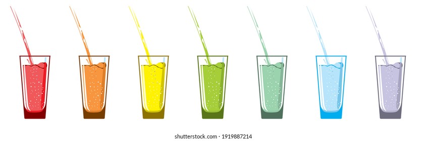 Glass glasses with drinks of different colors. A rainbow colored liquid pours out. Longdrinks on a white background