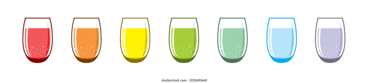 Glass glasses with drinks of different colors. Rainbow colored liquid. Longdrinks on a white background