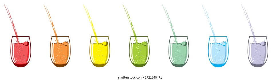 Glass glasses with drinks of different colors. A rainbow colored liquid pours out. Longdrinks on a white background