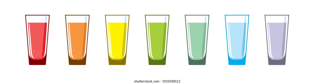 Glass glasses with drinks of different colors. Rainbow colored liquid. Longdrinks on a white background