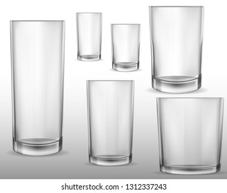 Glass glasses empty. Kit of transparent vector glass glasses. Set of vector realistic illustrations, isolated icons . Print, template, design element. 