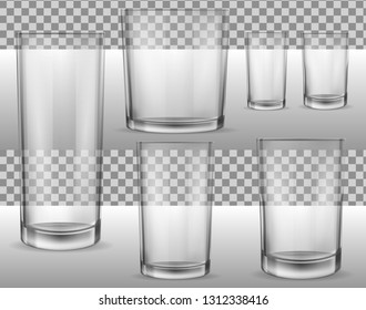 Glass glasses empty. Kit of transparent vector glass glasses. Set of vector realistic illustrations, isolated icons . Print, template, design element. 