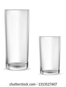 Glass glasses empty. Kit of transparent vector glass glasses. Set of vector realistic illustrations, isolated icons . Print, template, design element. 